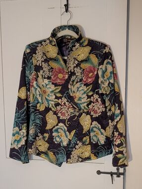 Asian Silk Floral Jacquard Mandarin Collar Jacket Black  Multicolor Medium China